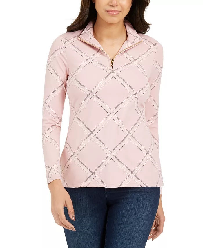 Charter Club Women's Printed Half-Zip Top Pink Size Small