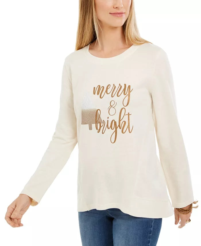 Style & Co Women's Metallic Graphic Sweatshirt Beige Size X-Large