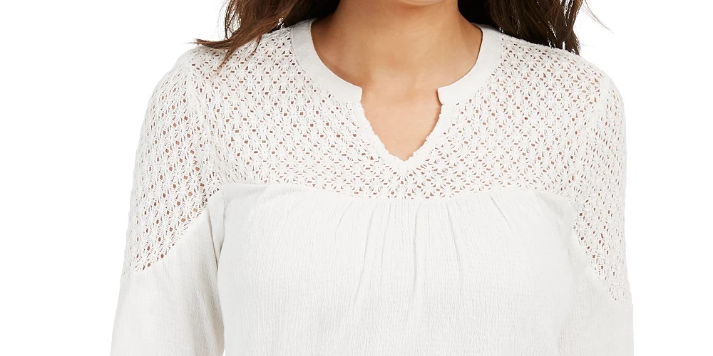 Style & Co Women's Crochet-Yoke Top White Size Small