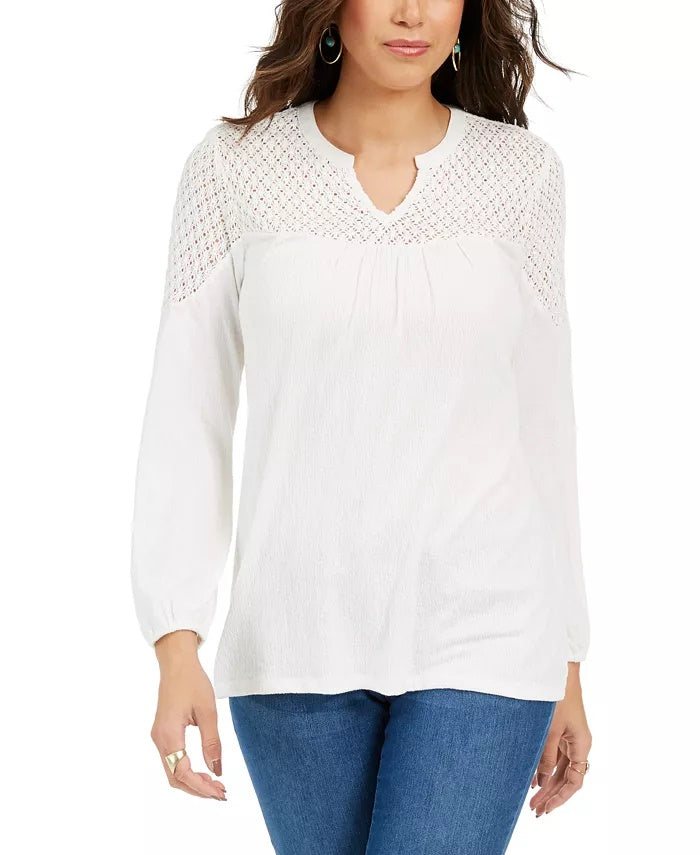 Style & Co Women's Crochet Yoke Top White Size X-Large