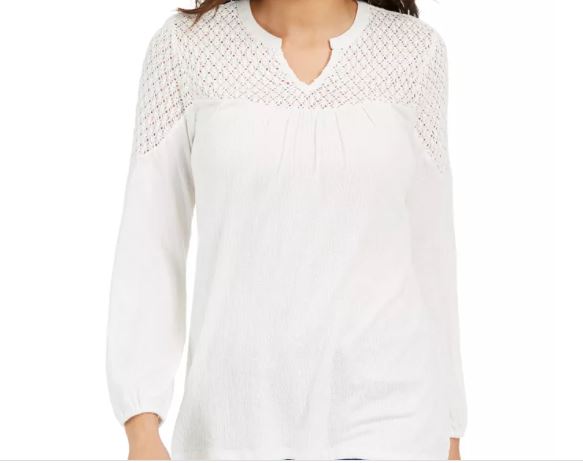 Style & Co Women's Crochet Yoke Top White Size X-Large