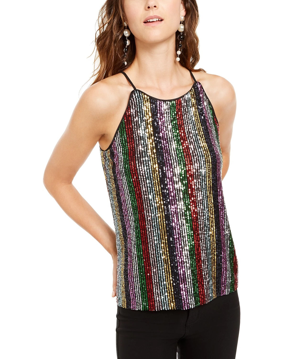 INC International Concepts Women's Sequinned Striped Top Black Size Small