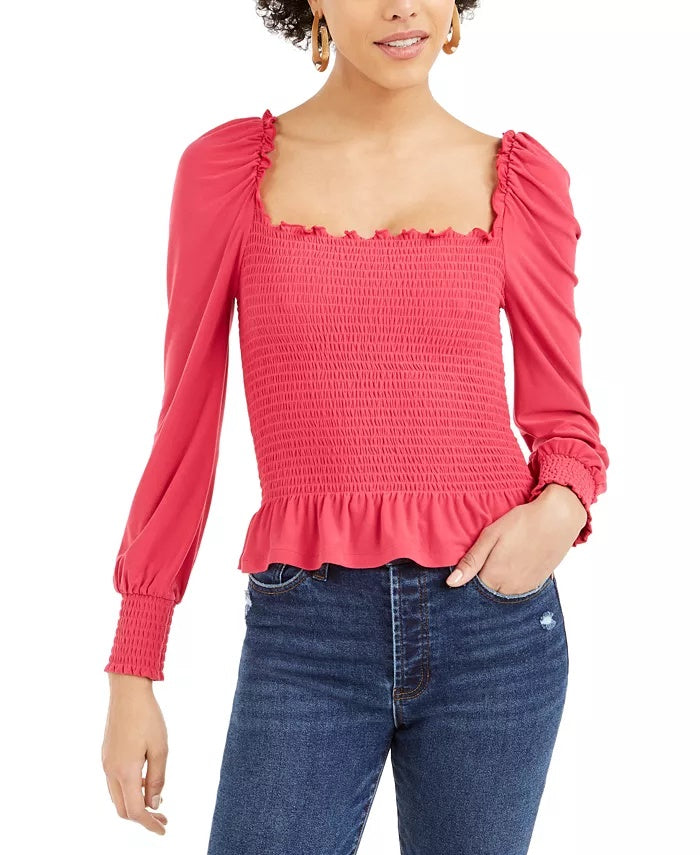 Bar III Women's Smocked Square Neck Top Red Size Large