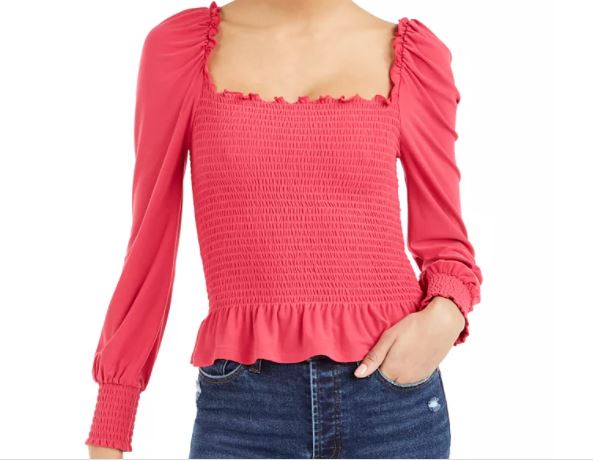 Bar III Women's Smocked Square Neck Top Red Size Large