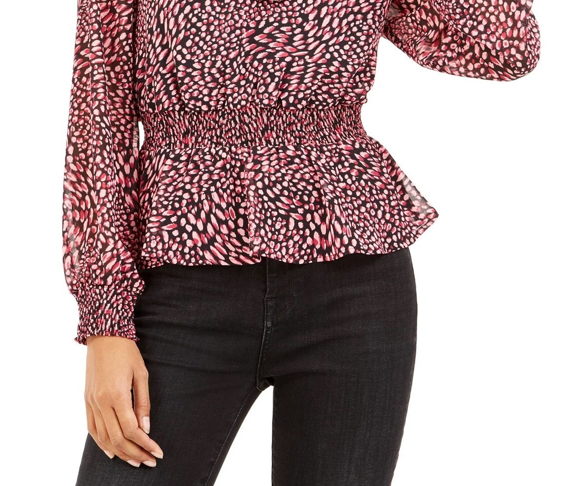 Bar III Women's Ditsy-Print Low-Back Ruffled Top Dark Red Size Large