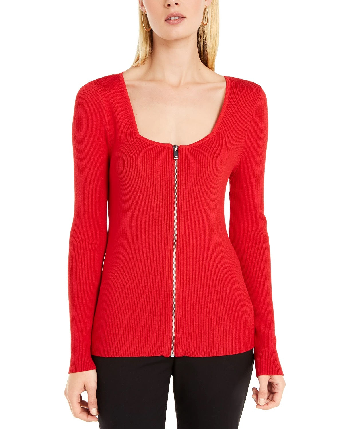INC International Concepts Women's Square Neck Zip-Front Sweater Medium Red Size Extra Small