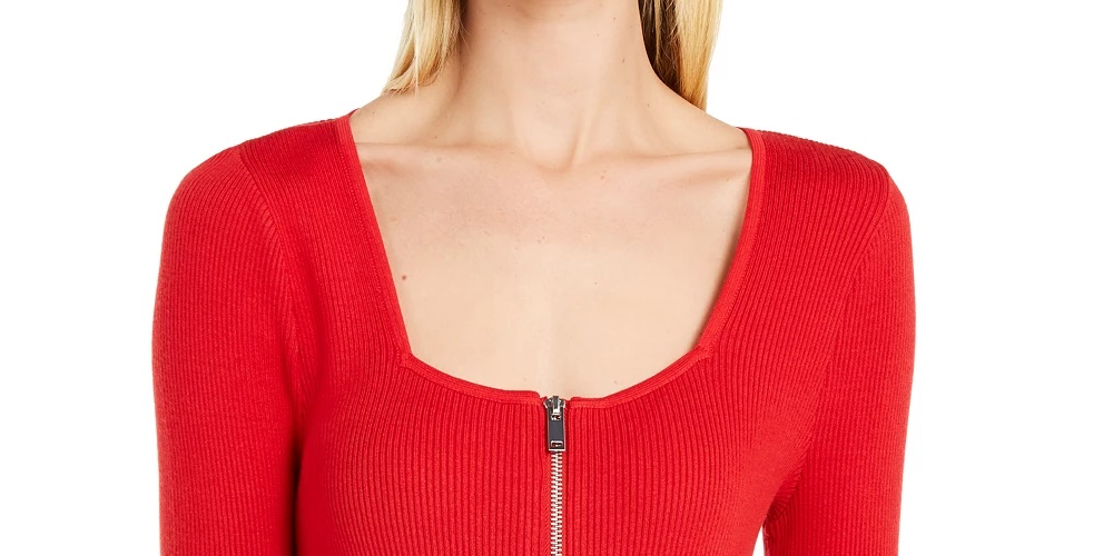 INC International Concepts Women's Square Neck Zip-Front Sweater Medium Red Size Extra Small