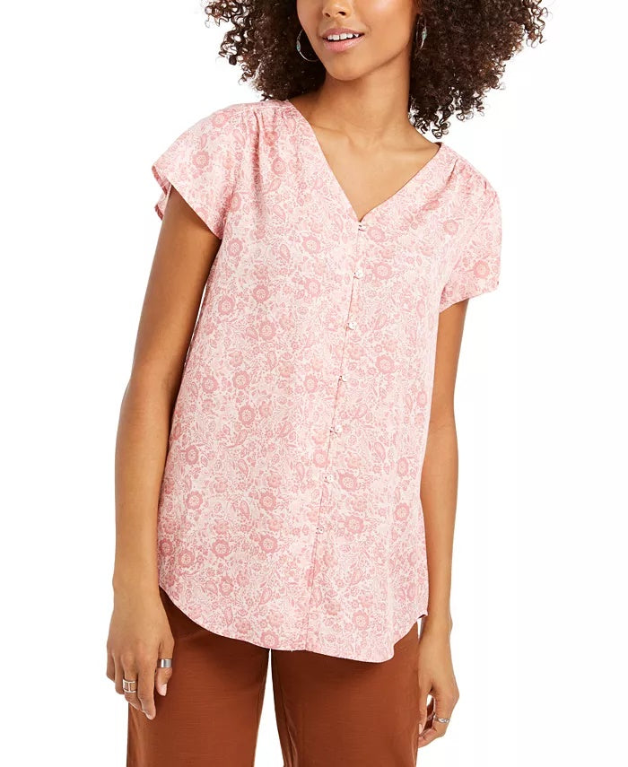 Style & Co Women's Floral Print Button Down Top Pink Size X-Large