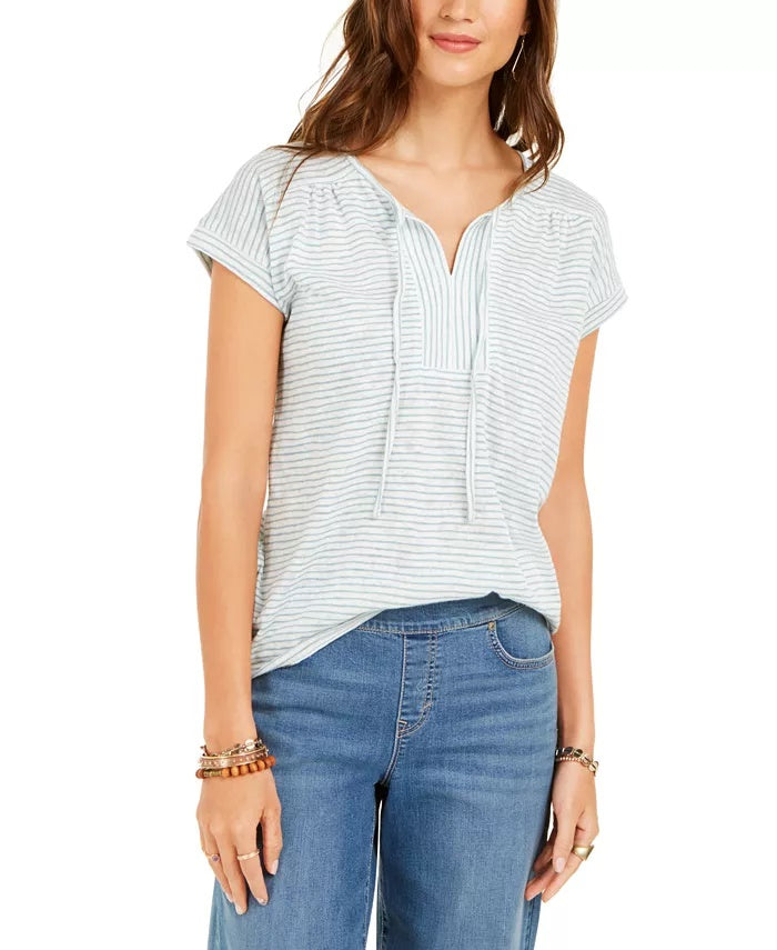 Style & Co Women's Striped Tie Neck Top Blue Size Small