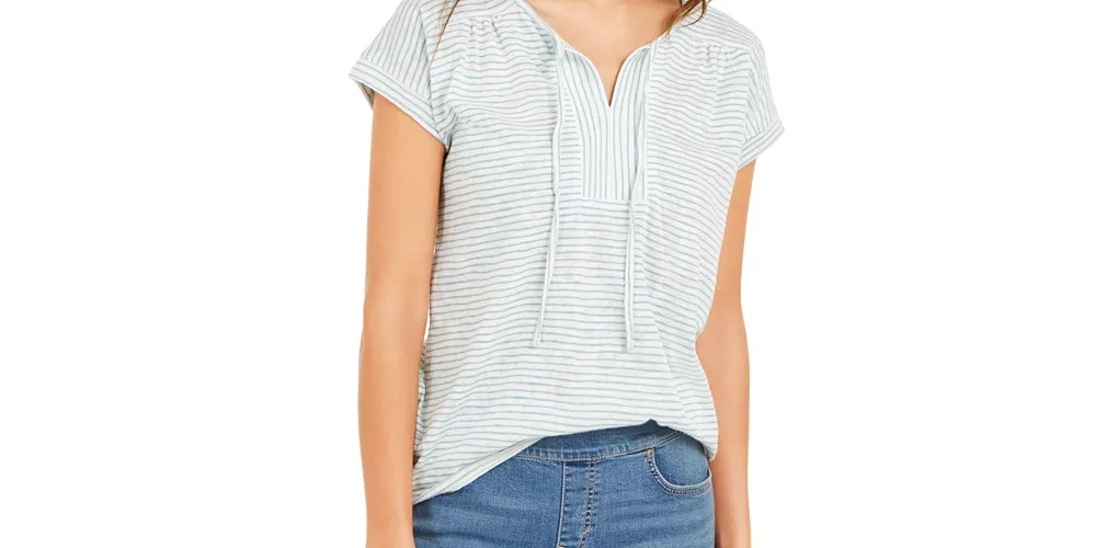 Style & Co Women's Striped Tie Neck Top Blue Size Small