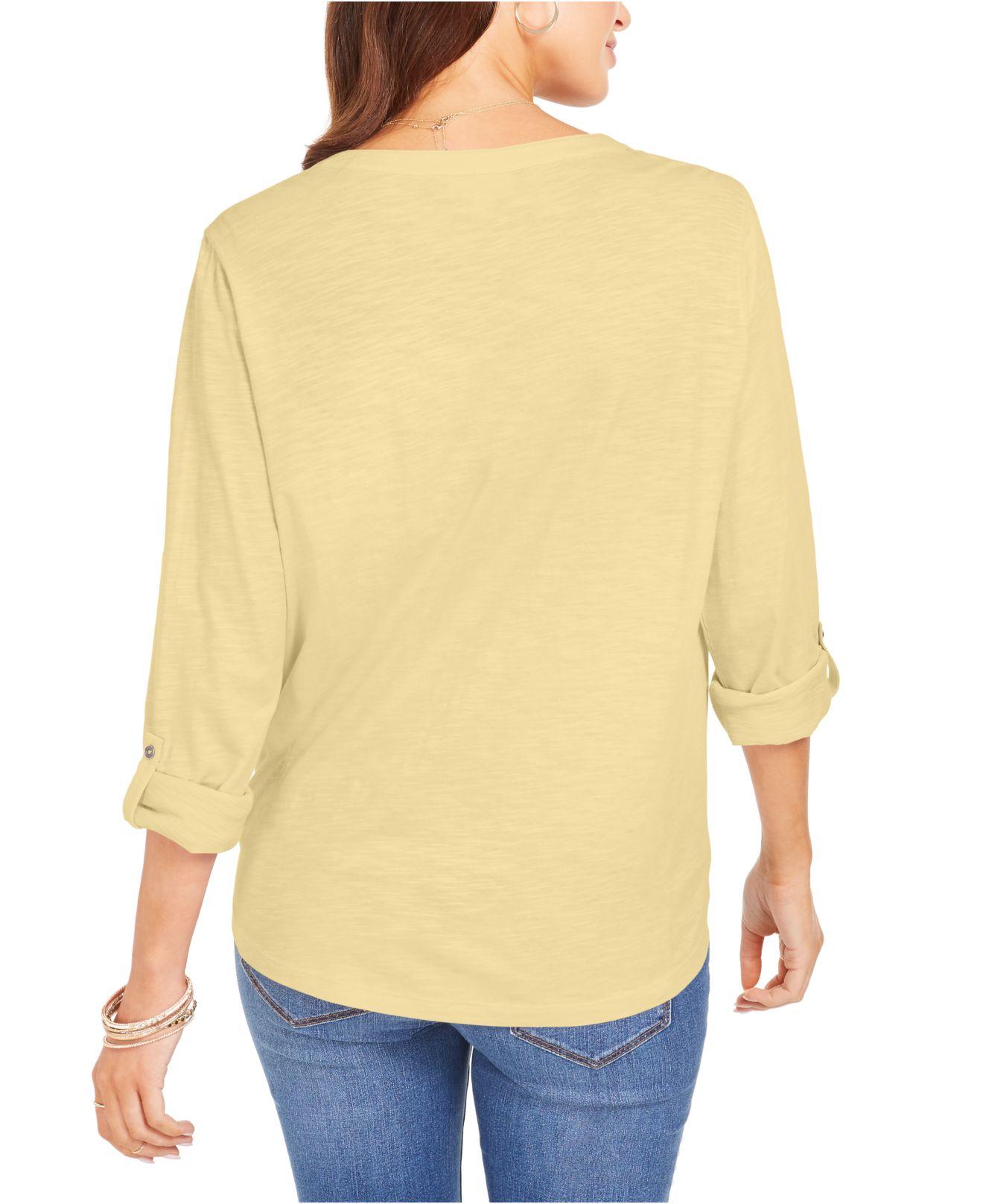 Style & Co Women's Eyelet-Pocket Tie-Front Top Yellow Size Medium