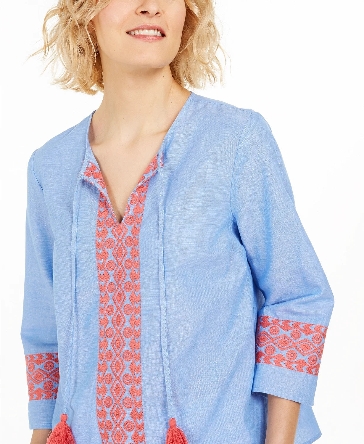 Charter Club Women's Embroidered Tasseled Blouse Blue Size Small