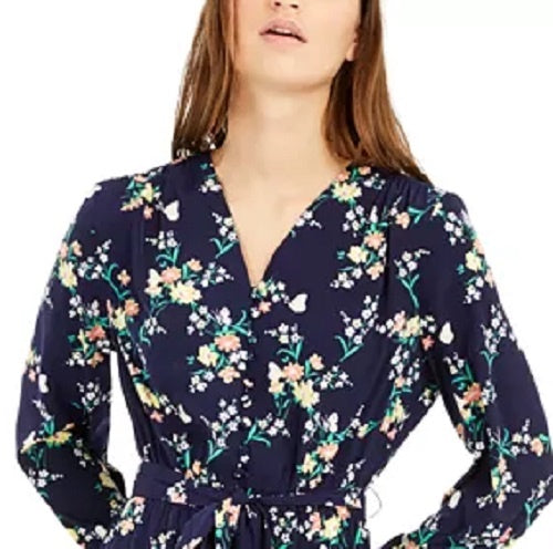 Maison Jules Women's Floral-Print Belted Dress Navy Size Medium
