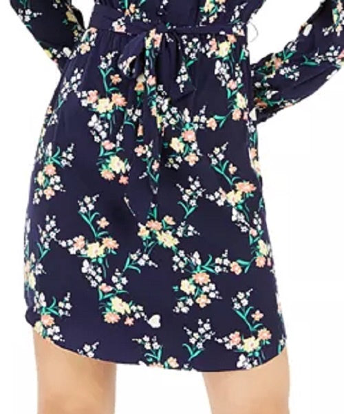 Maison Jules Women's Floral-Print Belted Dress Navy Size Medium