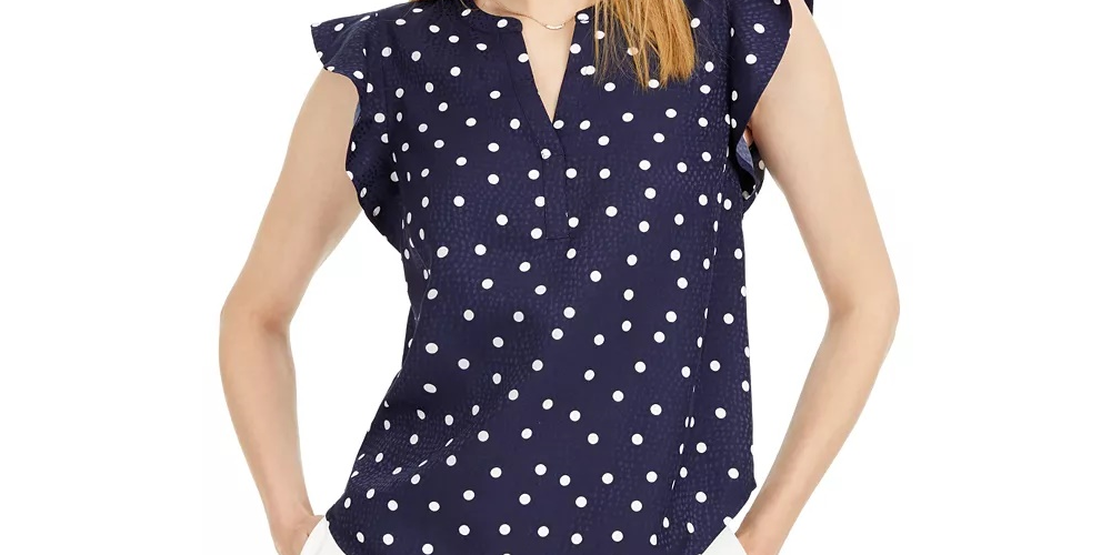 Maison Jules Women's Dot-Print Split-Neck Top Navy Size Small