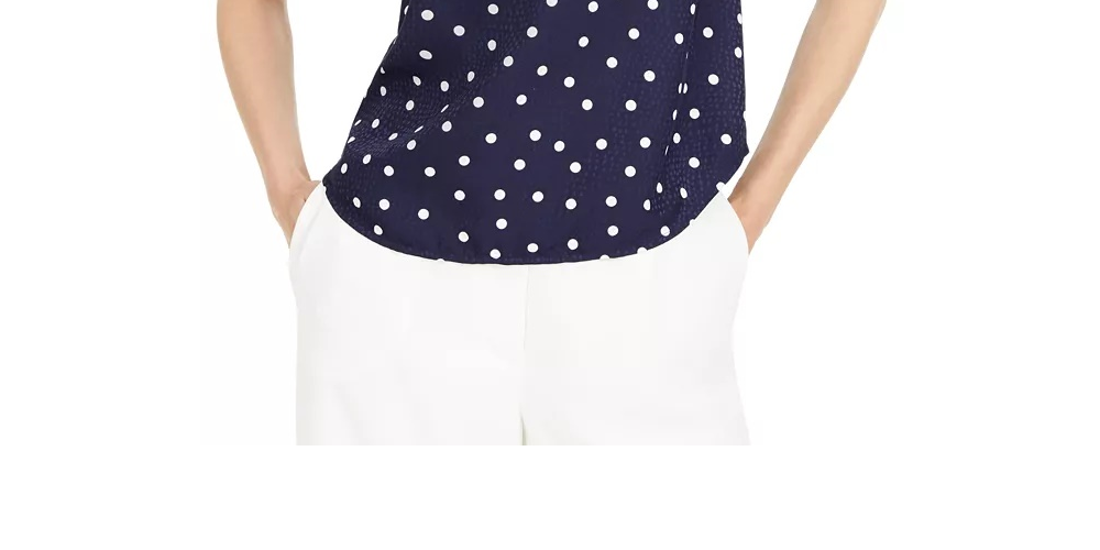 Maison Jules Women's Dot-Print Split-Neck Top Navy Size Small