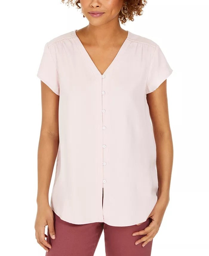 Style & Co Women's Button-Down Flutter-Sleeve Top Pink Size Medium