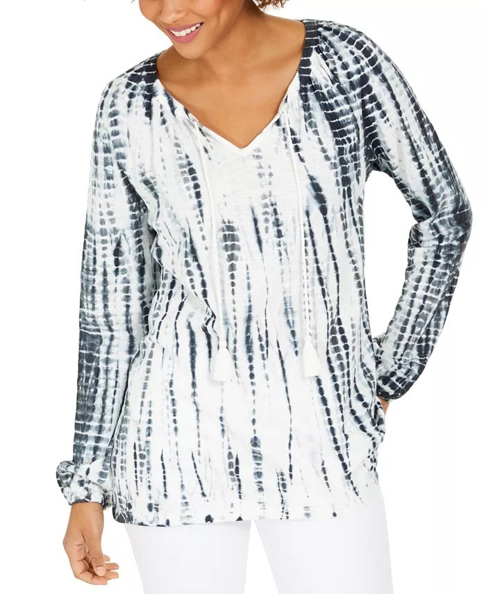 Style & Co Women's Tie-Dyed Bubble-Sleeve Peasant Top Black Size Medium