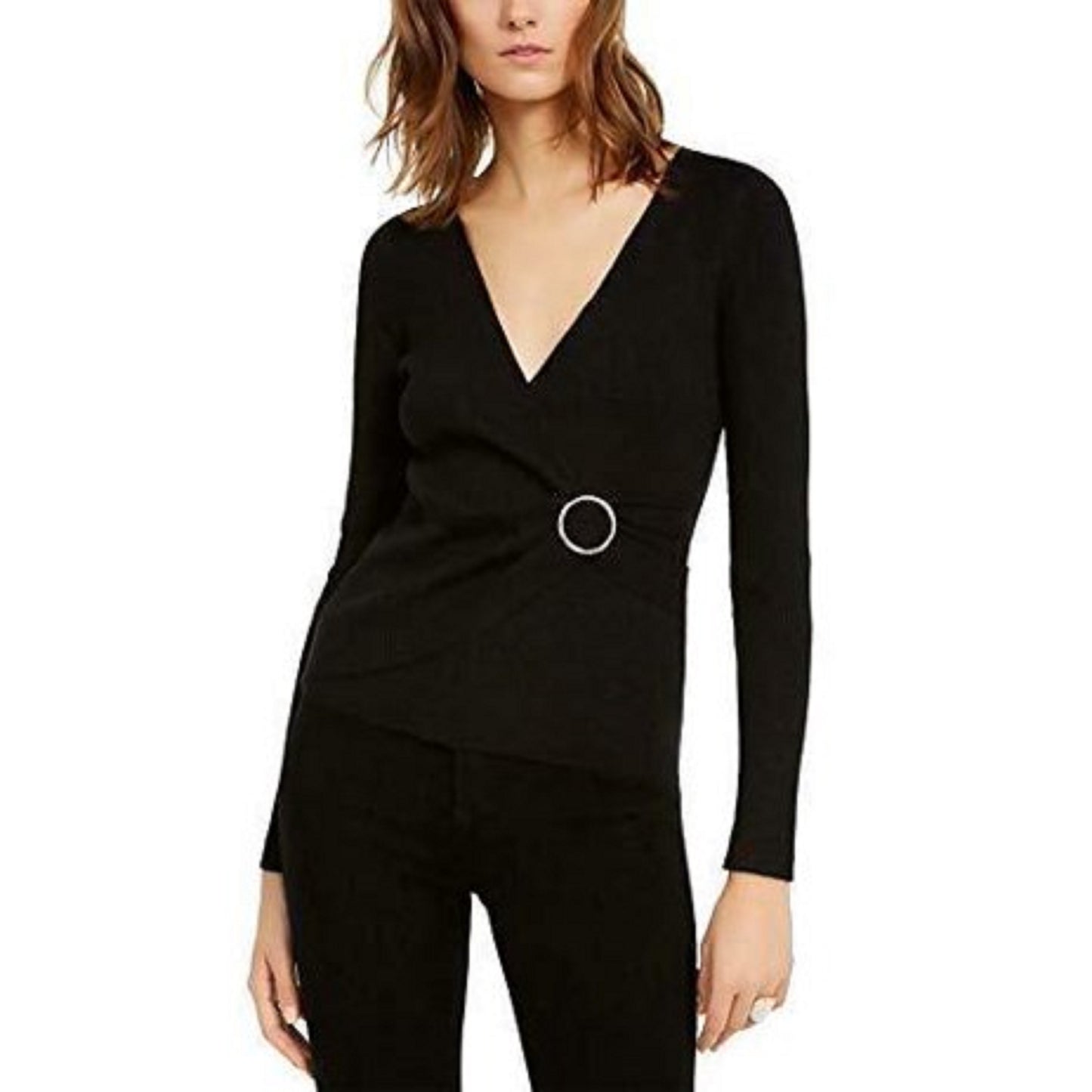 INC International Concepts Women's Lurex V-Neck Buckle Sweater Black Size L