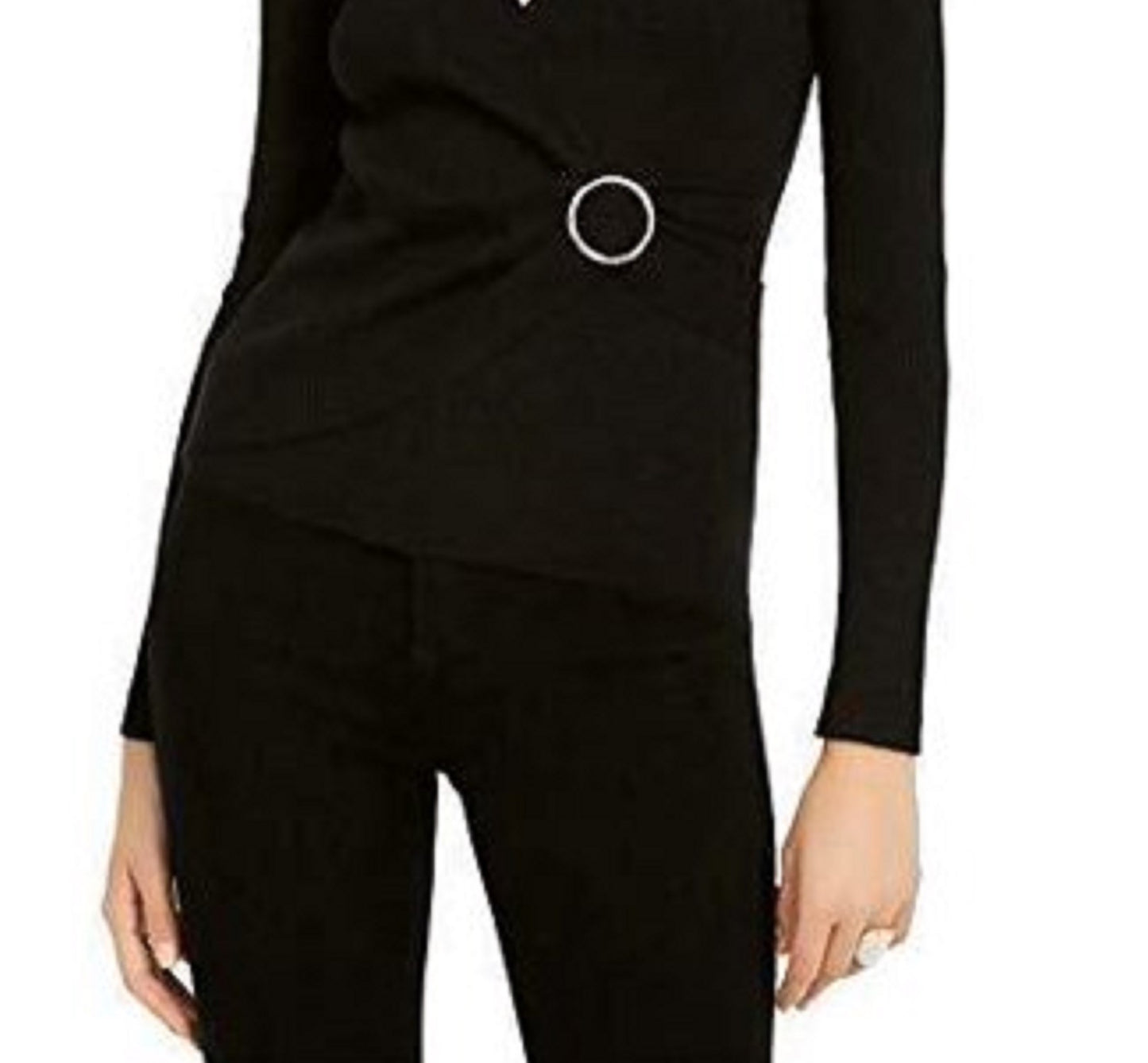INC International Concepts Women's Lurex V-Neck Buckle Sweater Black Size L
