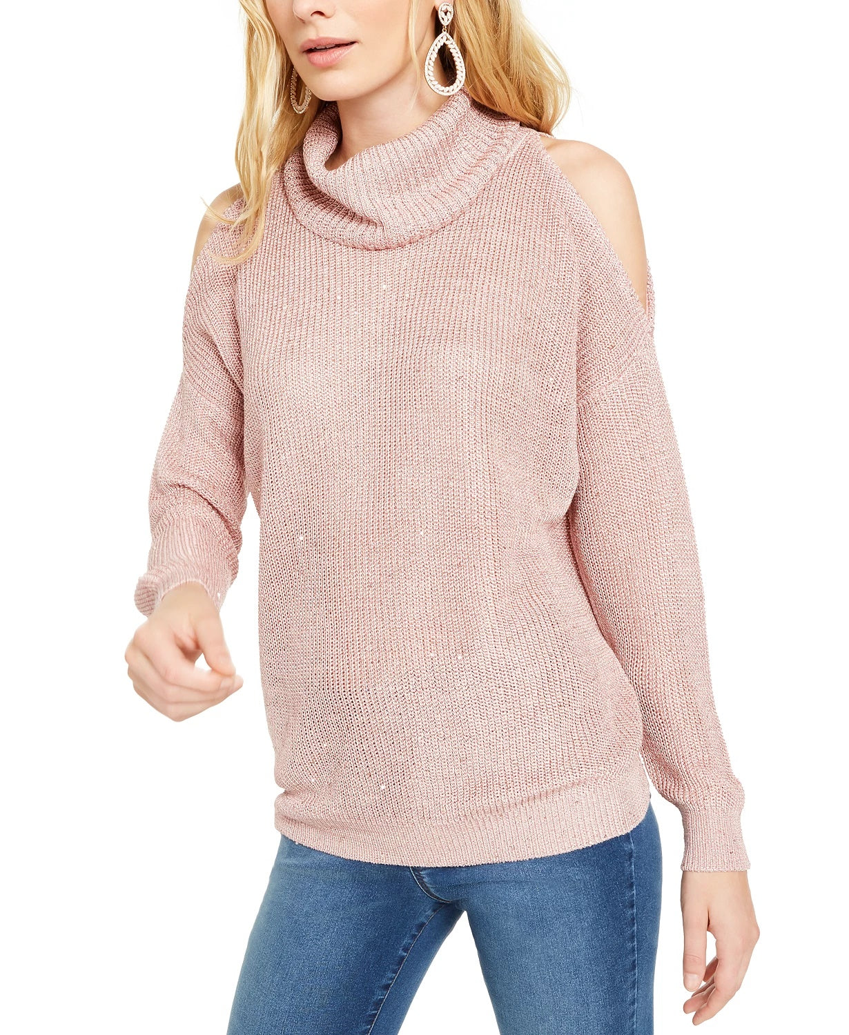 INC International Concepts Women's Sequin Cutout Turtleneck Sweater Pink Size Extra Large