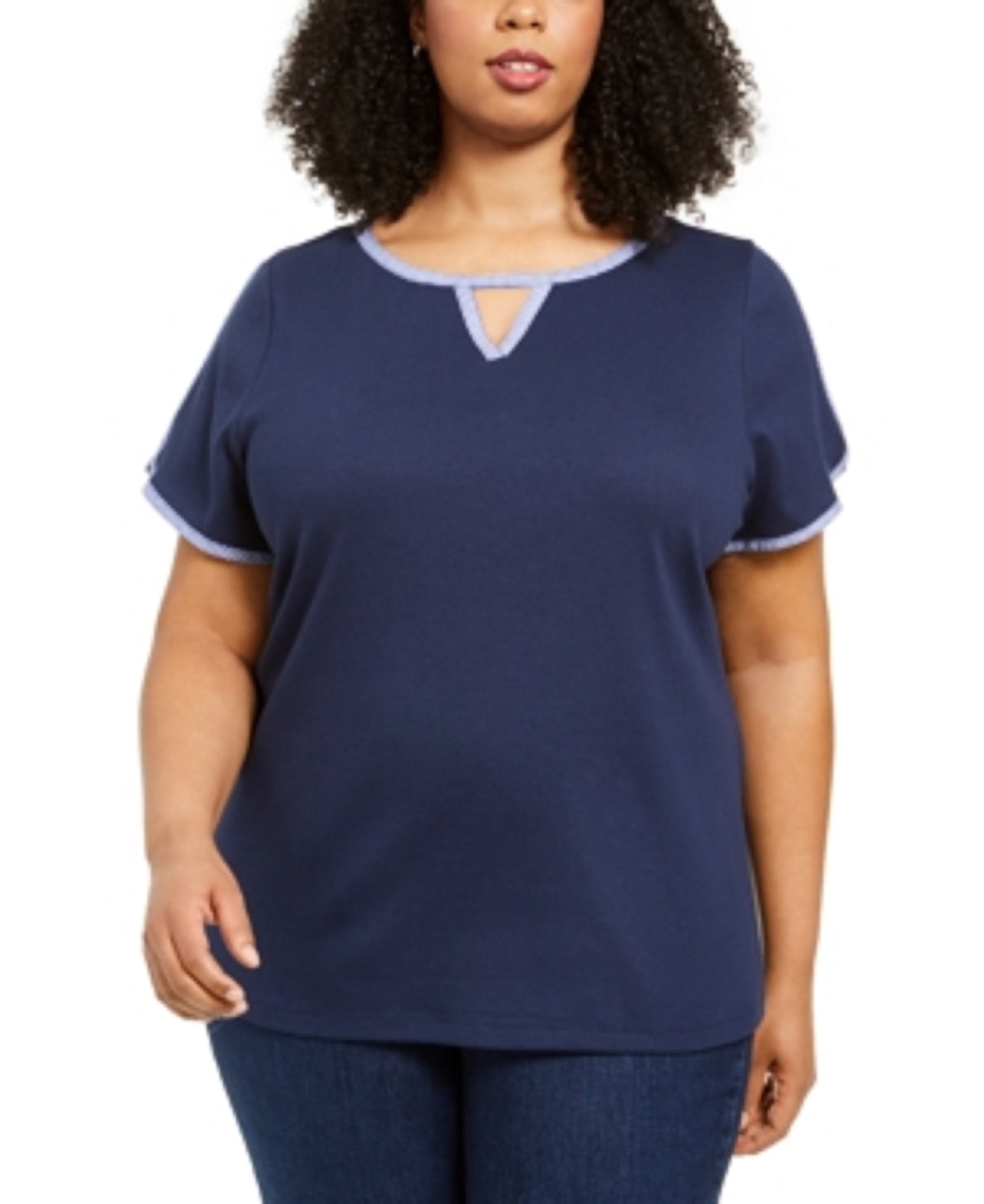 Karen Scott Women's Contrast-Trim Keyhole Top Navy Size Medium