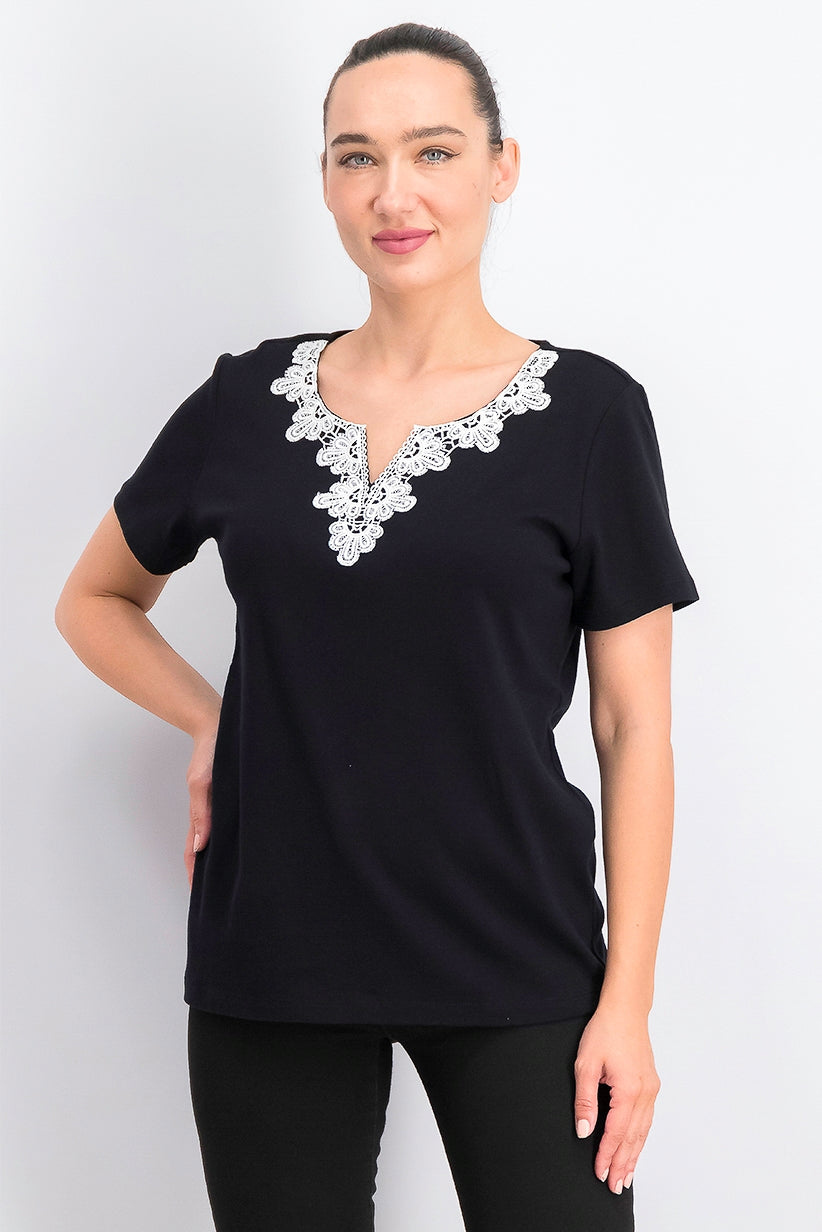 Karen Scott Women's Crochet-Trim Split-Neck Top Black Size Small