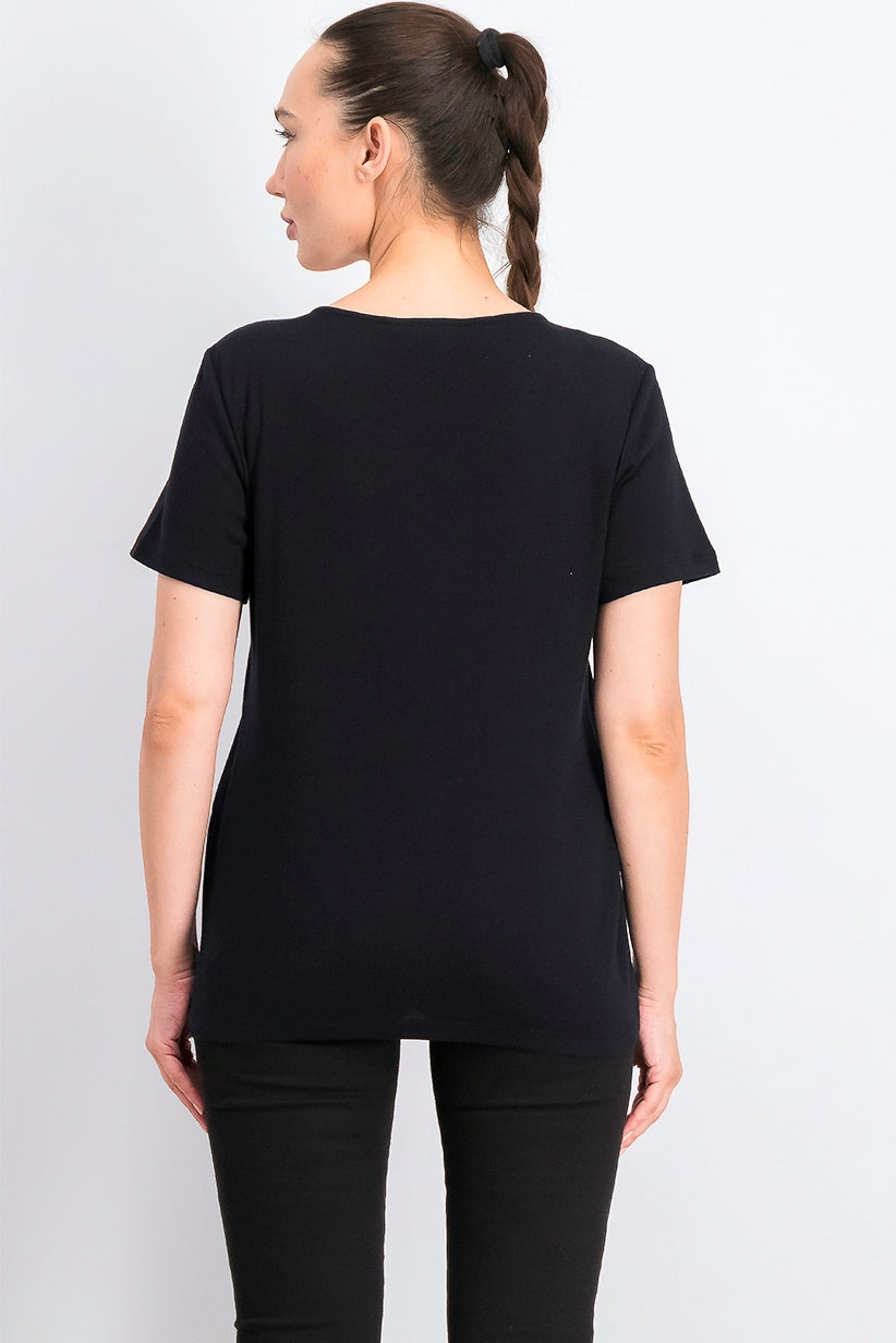 Karen Scott Women's Crochet-Trim Split-Neck Top Black Size Small