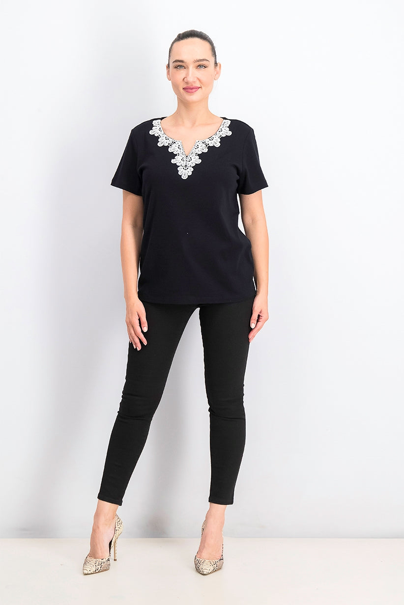 Karen Scott Women's Crochet-Trim Split-Neck Top Black Size Small