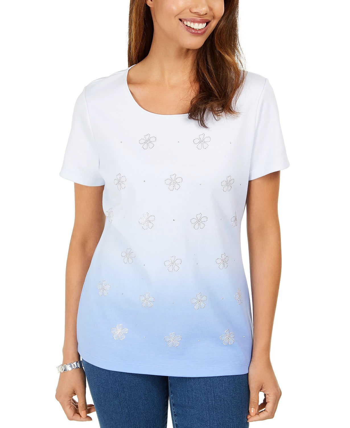 Karen Scott Women's Daisy-Shine Scoop-Neck Top Blue Size Medium