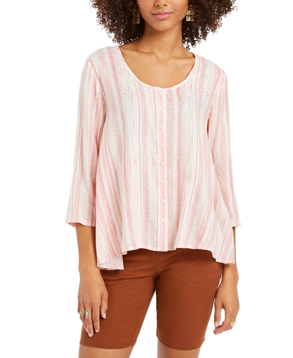 Style & Co Women's Printed Swing Blouse Med Pink Size Large