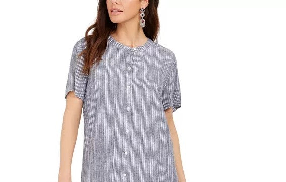 Style & Co Women's Striped Button-Front Linen-Blend A-Line Dress Med Blue Size XX Large