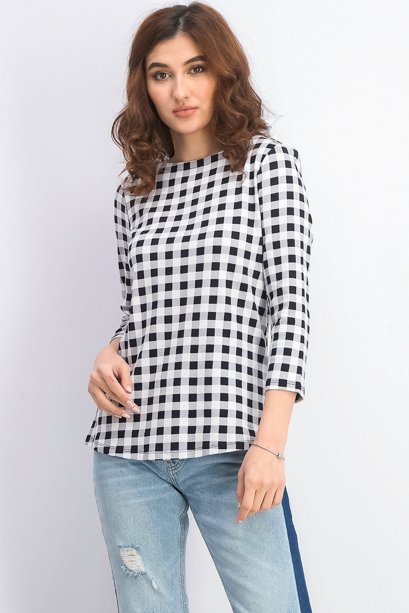 Charter Club Women's Cotton Gingham-Print Boat-Neck Top Black Size Small