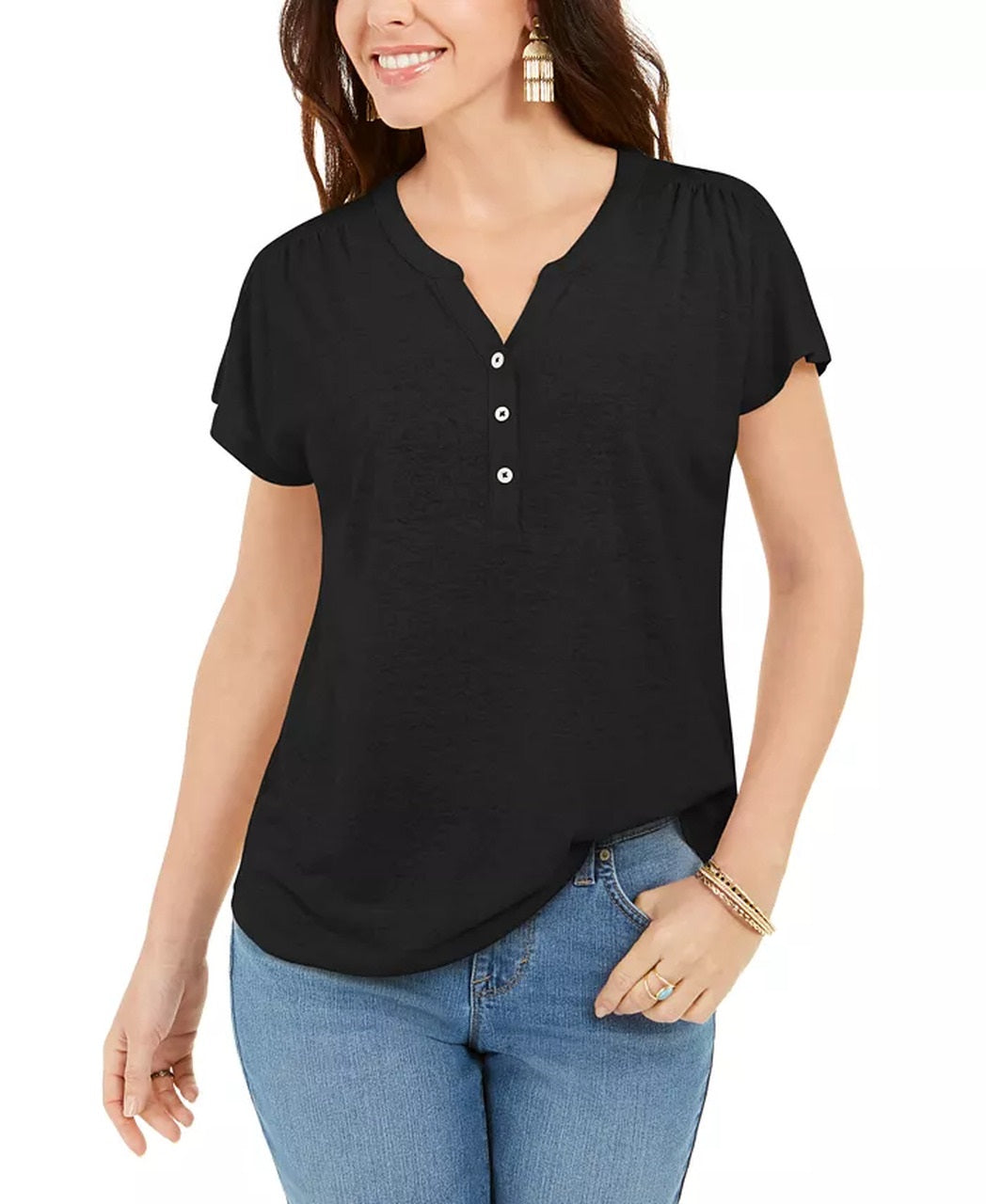 Style & Co Women's Dolman-Sleeve Henley Linen-Blend Top Black Size Small