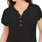 Style & Co Women's Dolman-Sleeve Henley Linen-Blend Top Black Size Small