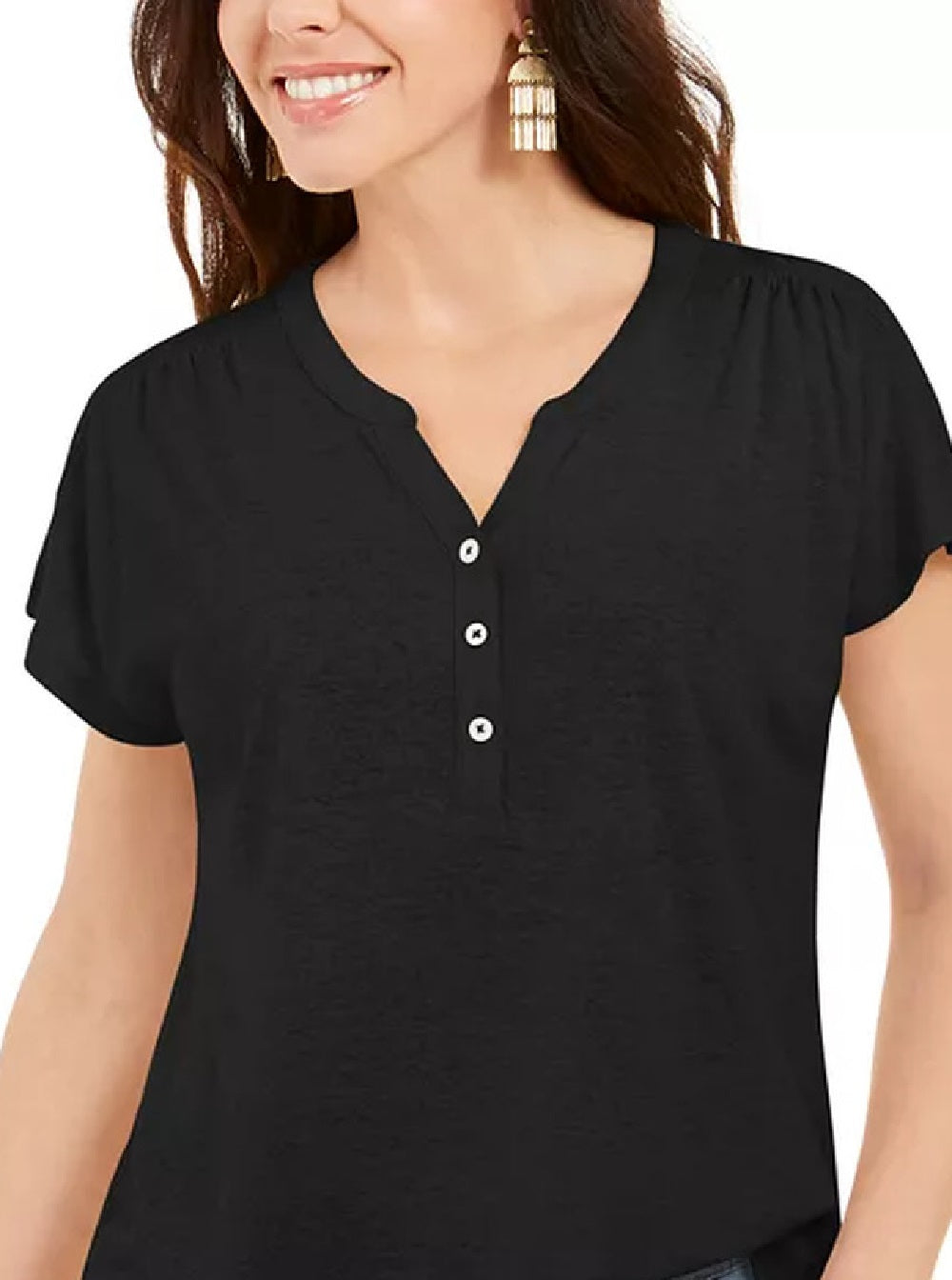 Style & Co Women's Dolman-Sleeve Henley Linen-Blend Top Black Size Small