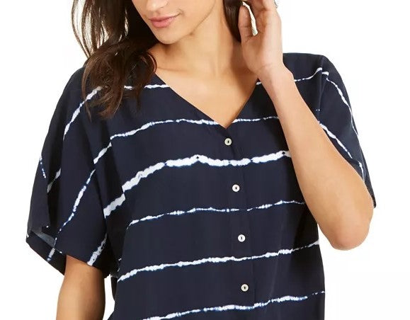 Style & Co Women's Striped Tie-Dyed Tie-Front Blouse Navy Size Small