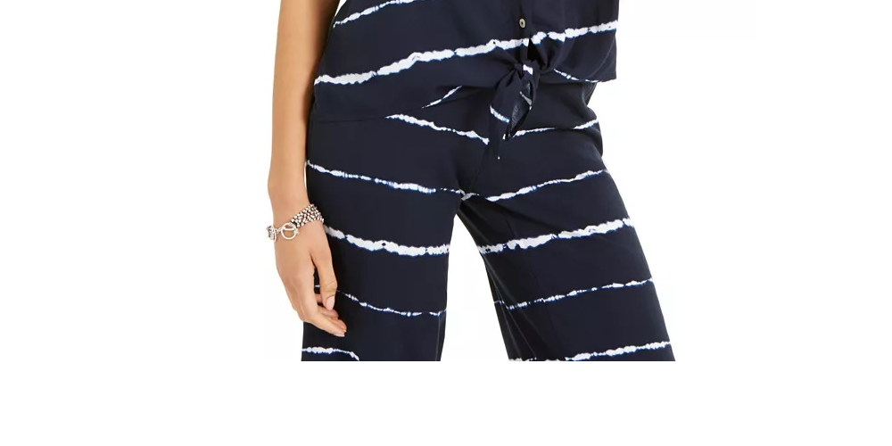 Style & Co Women's Striped Tie-Dyed Tie-Front Blouse Navy Size Small