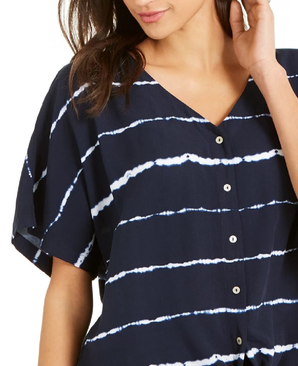 Style & Co Women's Striped Tie-Dyed Tie-Front Blouse Navy Size Extra Small