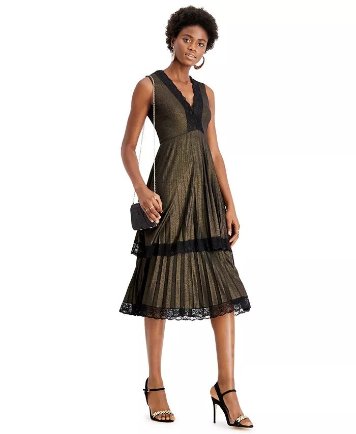Taylor Women's Dresses Pleated Double Tiered Dress Metallic Black Size 4