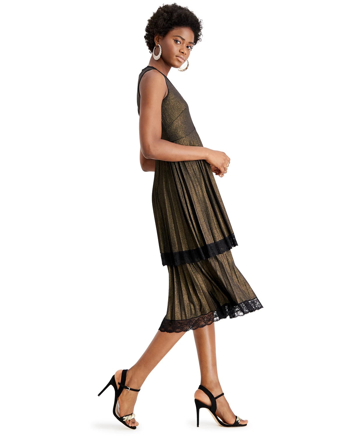 Taylor Women's Dresses Pleated Double Tiered Dress Metallic Black Size 4