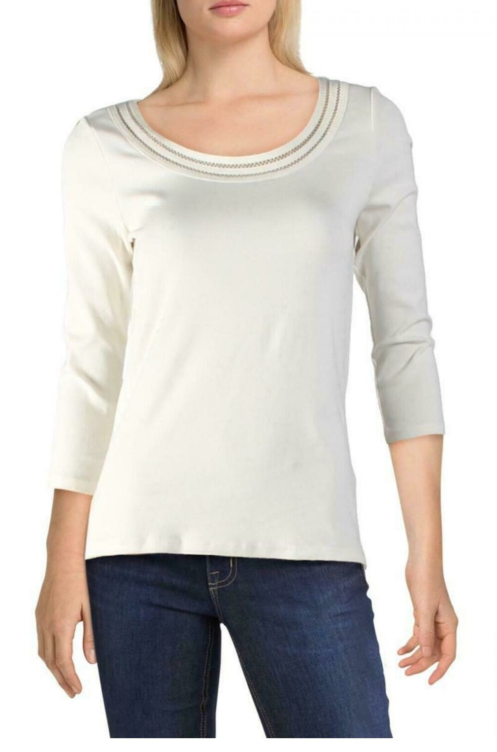 Ralph LaurenWomen's Ivory 3/4 Sleeve Scoop Neck Top Natural Size Large
