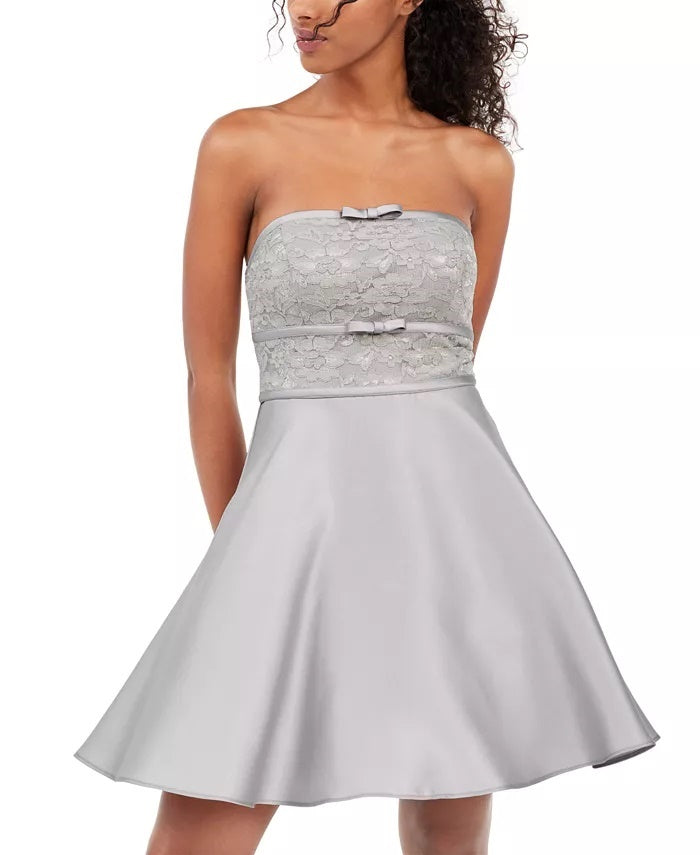 City Studios Juniors' Strapless Lace Bow Dress Gray Size 3