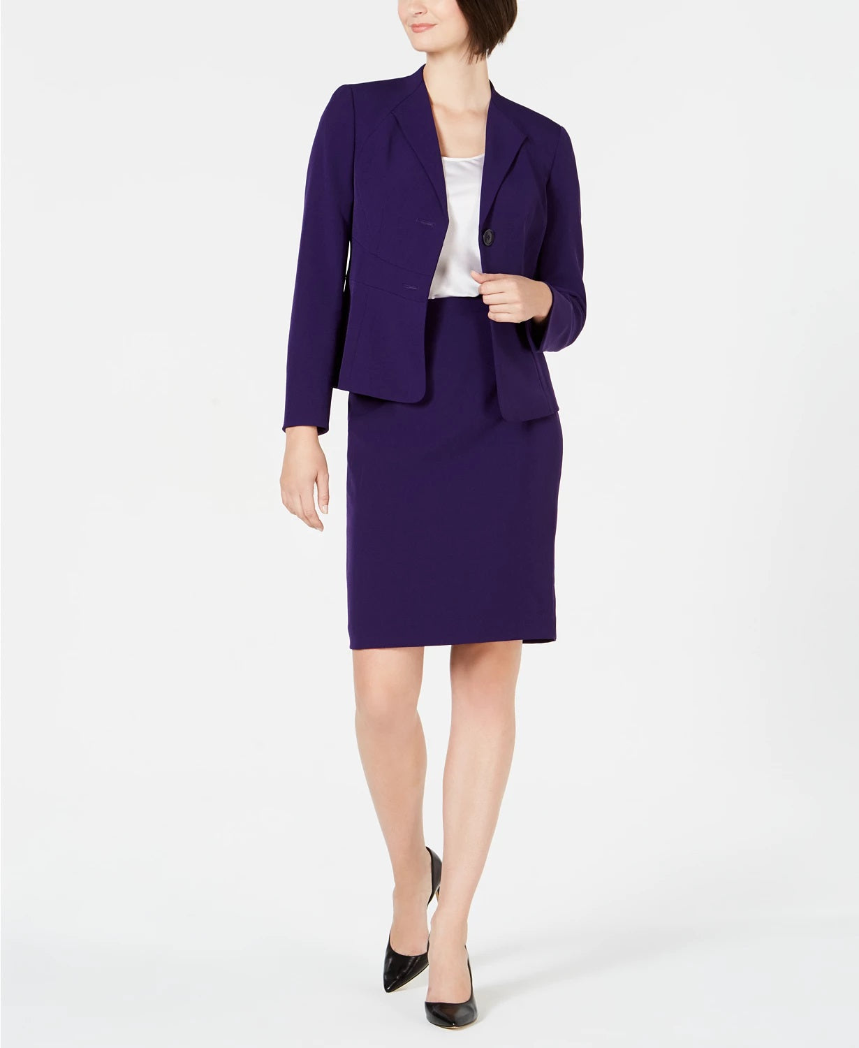 Le Suit Women's Petite Wing-Collar Skirt Suit Dark Purple Size 2P