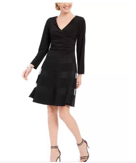 R & M Richards Women's Illusion Stripe Fit & Flare Dress Black Size 12 Petite