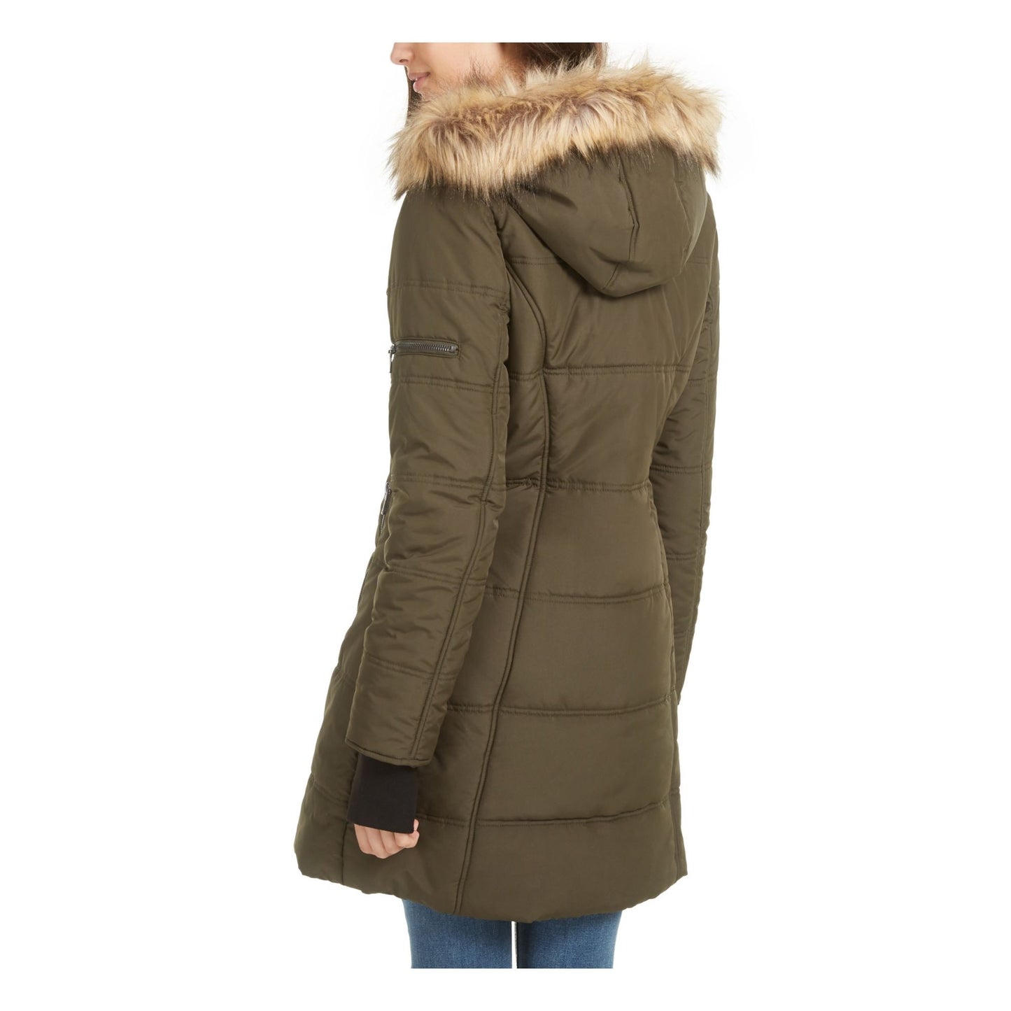 मैरलिन एंड मी जूनियर का फॉक्स फर ट्रिम हुडेड पफर कोट हरा रंग छोटा आकार