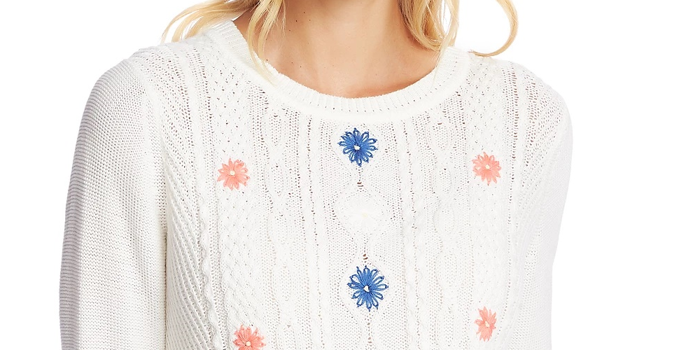 CeCe Women's Embroidered Cable Knit Sweater White Natural Size Large