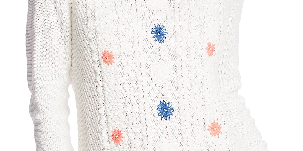 CeCe Women's Embroidered Cable Knit Sweater White Natural Size Large