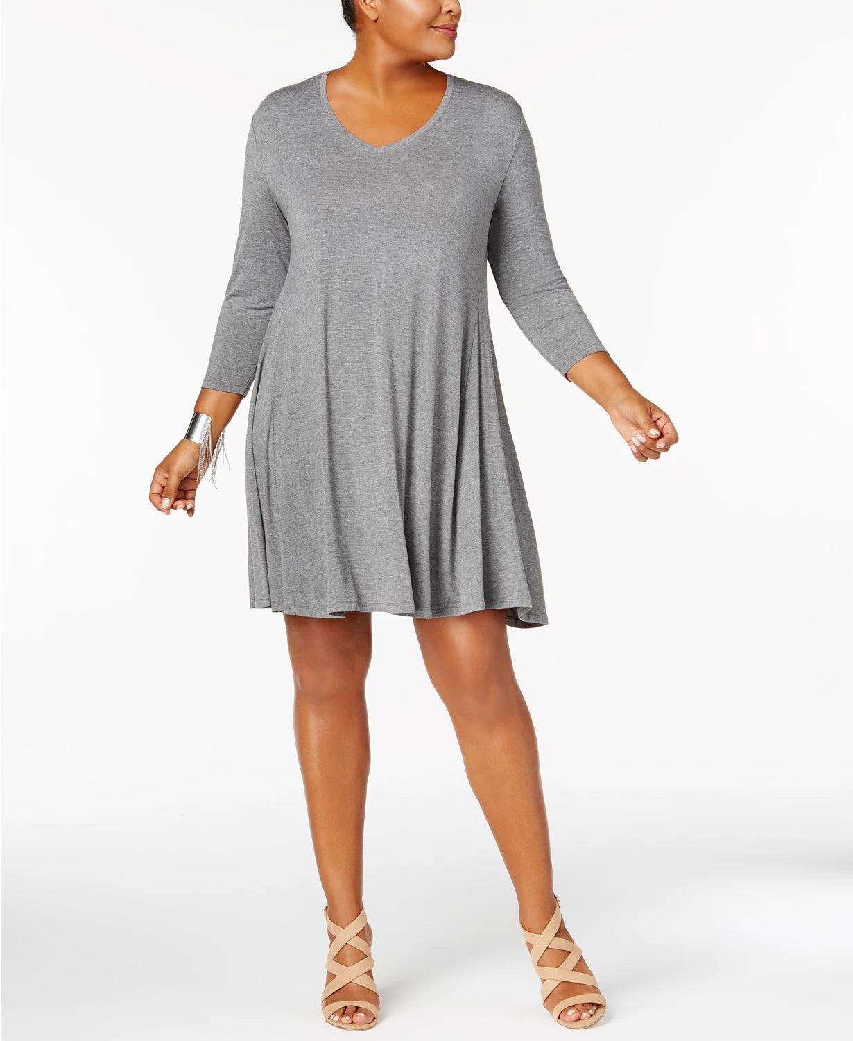 Style & Co Women's Plus Size V-Neck A-Line Swing Dress Gray Size 1X