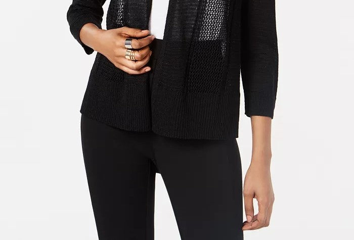 Alfani Women's Mixed Stitch Open Front Cardigan Sweater Black Size Petite Small